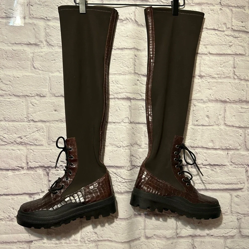 Free People Shoreditch Over The Knee Boots Brown Croc Size 38 New